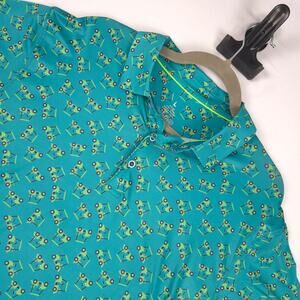 Mens Performance Golf Polo Shirt Golf Cart Print Teal Stretch UV Active L